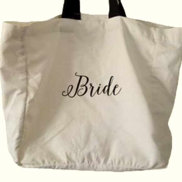 BRIDE Canvas Tote Bag White with Black Straps and Detail Size Large 16 x 15 in - Picture 4 of 6